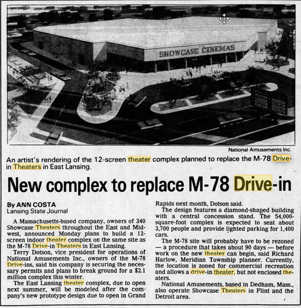 M-78 Twin/Triple Drive-In Theatre - OCT 29 1985 ARTICLE THIS PLAN WAS LATER CHANGED TO BUILD SUPER CINEMA